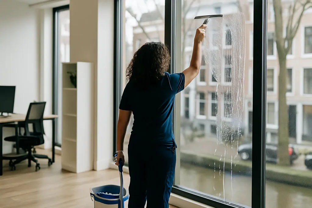 Schoonmaakster die een groot raam schoonmaakt in een modern kantoor