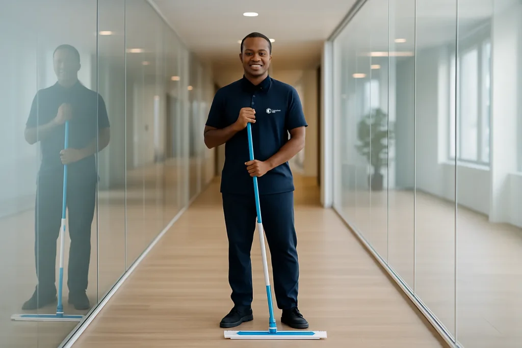 Schoonmaker dweilt de vloer in een modern kantoorgebouw