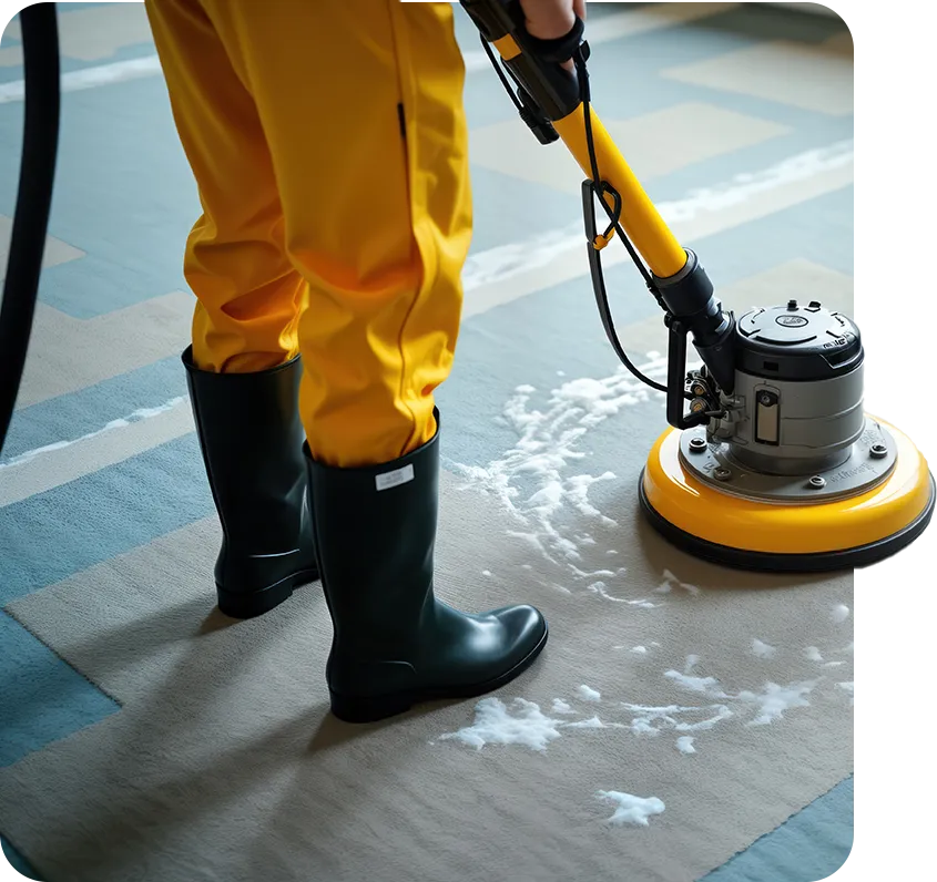 Schoonmaker voert vloeronderhoud uit in modern kantoor