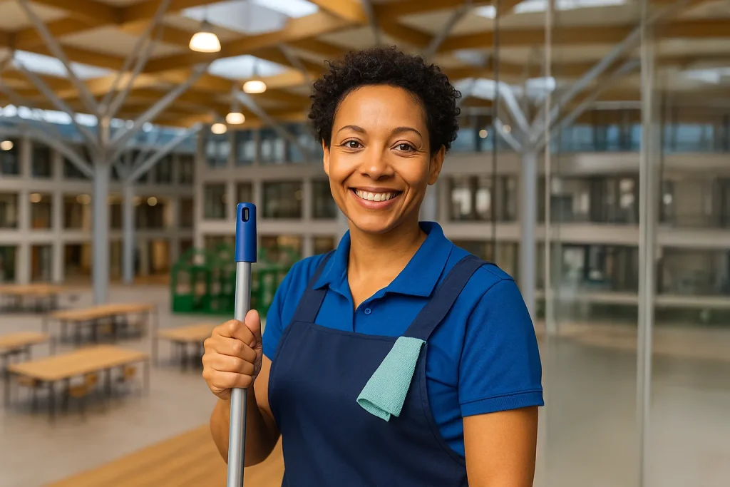 Schoonmaakster van Compleet Services aan het werk in een modern schoolgebouw