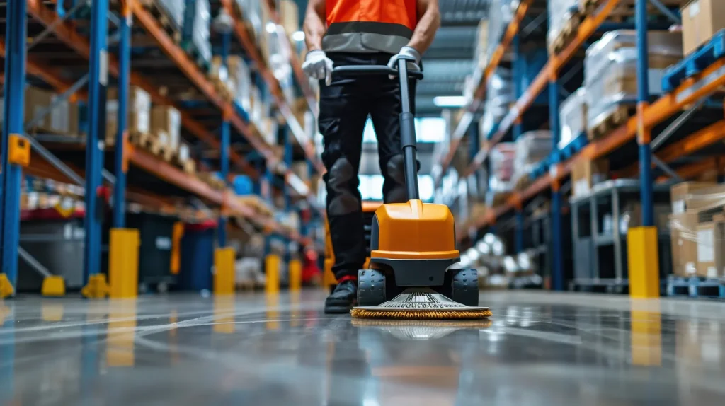 Professionele industriële schoonmaker aan het werk in een productieomgeving